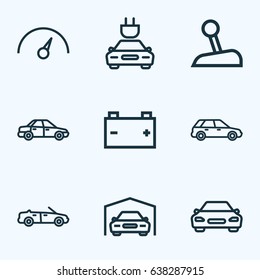 Car Outline Icons Set. Collection Of Shed, Stick, Hatchback And Other Elements. Also Includes Symbols Such As Speedometer, Garage, Bus.