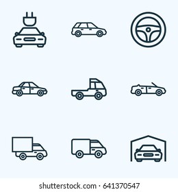 Car Outline Icons Set. Collection Of Caravan, Rudder, Lorry And Other Elements. Also Includes Symbols Such As Wagon, Lorry, Rudder.