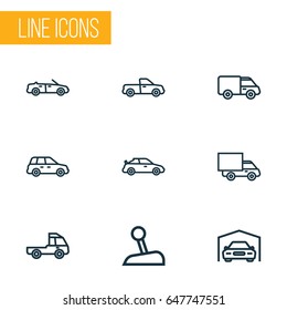 Car Outline Icons Set. Collection Of Caravan, Van, Truck And Other Elements. Also Includes Symbols Such As Shed, Crossover, Suv.