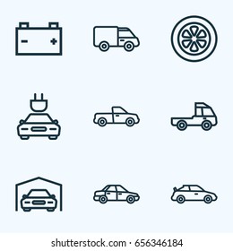 Car Outline Icons Set. Collection Of Electric Car, Sedan, Wheel And Other Elements. Also Includes Symbols Such As Mover, Circle, Electricity.