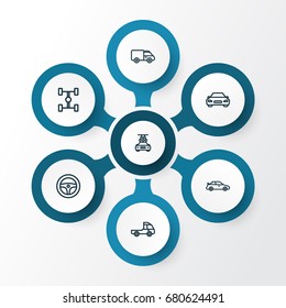 Car Outline Icons Set. Collection Of Washing, Caravan And Other Elements. 