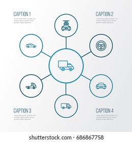 Car Outline Icons Set. Collection Of Crossover, Caravan, Lorry And Other Elements. Also Includes Symbols Such As Track, Wheel, Mover.