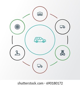 Car Outline Icons Set. Collection Of Washing, Caravan, Lorry And Other Elements. Also Includes Symbols Such As Wagon, Van, Truck.