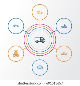 Car Outline Icons Set. Collection Of Van, Washing, Automobile And Other Elements. Also Includes Symbols Such As Wagon, Water, Lorry.