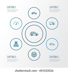 Car Outline Icons Set. Collection Of Caravan, Chronometer, Rudder And Other Elements. Also Includes Symbols Such As Counter, Crossover, Drive.