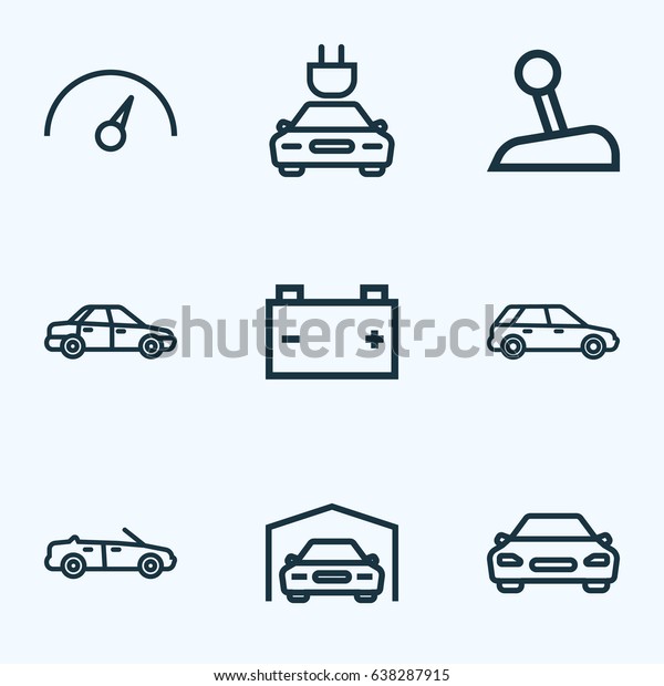 Car Outline Icons Set. Collection Of Shed, Stick,\
Hatchback And Other Elements. Also Includes Symbols Such As\
Speedometer, Garage, Bus.