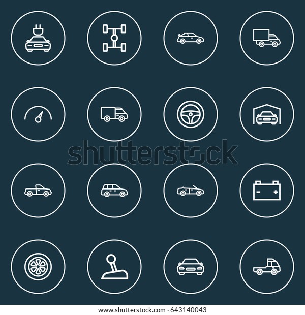 Car Outline Icons Set. Collection Of Car,\
Truck, Automobile And Other Elements. Also Includes Symbols Such As\
Disk, Automobile,\
Steering.