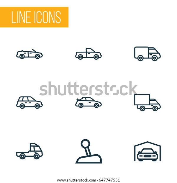 Car Outline Icons Set. Collection Of Caravan, Van,
Truck And Other Elements. Also Includes Symbols Such As Shed,
Crossover, Suv.
