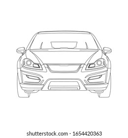 Car in outline line art illustration. Compact Vehicle. Easy to change the thickness of the lines. Template vector isolated on white View front; rear; side; top; coloring book.