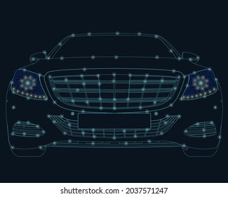A car outline made of blue lines on a dark background with glowing lights. Front view. Vector illustration