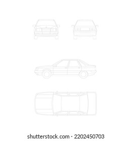 car outline object graphic, vehicle model draw line art all car view front back side top elevation template vector isolated on white background, design for car work or transport concept and to color. 