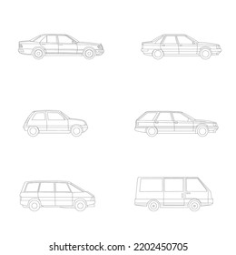 car outline object graphic, vehicle model draw line art all car view front back side top elevation template vector isolated on white background, design for car work or transport concept and to color. 