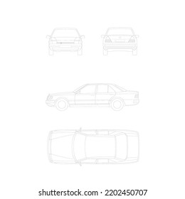 car outline object graphic, vehicle model draw line art all car view front back side top elevation template vector isolated on white background, design for car work or transport concept and to color. 