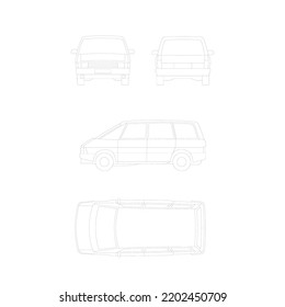 car outline object graphic, vehicle model draw line art all car view front back side top elevation template vector isolated on white background, design for car work or transport concept and to color. 
