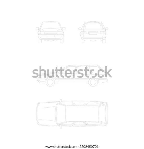 car outline object graphic, vehicle model draw line art\
all car view front back side top elevation template vector isolated\
on white background, design for car work or transport concept and\
to color. 