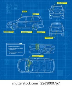 Car in outline style schematic blueprints Vehicle side front back top dashboard view Industrial image on a blue background Vector illustration