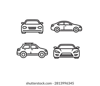 Car Outline Vector Icon Set – Sedan, SUV and Sports Car Line Icons.