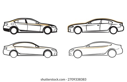 Conjunto de Vector de contorno de coche: Ilustraciones de arte de línea de sedán de lujo minimalista