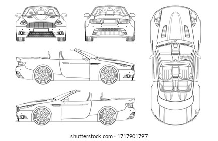 Car outline vector. Sport vehicle template vector isolated on white. View front, back, side, top.