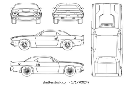 Car Outline Vector. Vehicle Template Vector Isolated On White. View Front, Back, Side, Top.