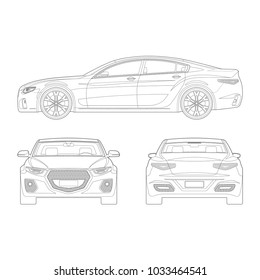 Car in outlines. Front, side, rear view. Set of modern vehicle blueprints isolated on white background