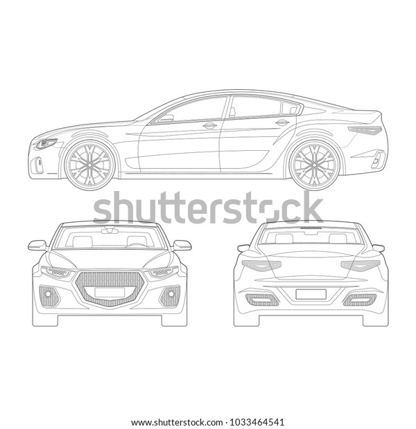 Car in outlines.
Front, side, rear view. Set of modern vehicle blueprints isolated
on white background