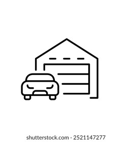 Carro fora da garagem. Casa com estacionamento. Pixel perfeito, ícone de traçado editável