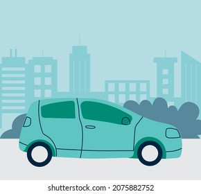 car over city buildings landscape background