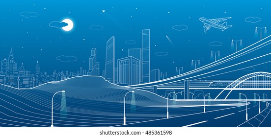 Car overpass, city infrastructure, urban plot, plane takes off, train move, transport illustration, mountains, white lines on blue background, vector design art