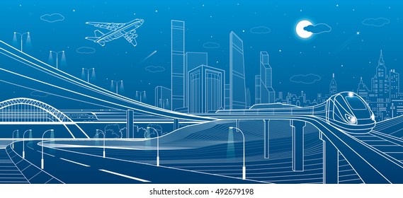 Car overpass, city infrastructure, urban plot, plane takes off, train move on the bridge, transport illustration, white lines on blue background, vector design art