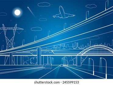 Car overpass, infrastructure, urban plot, the plane takes off