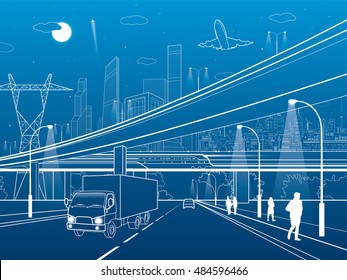 Car overpass, infrastructure, urban plot, people walking, airplane takes off, train move ob the bridge, neon city on background, truck on highway, white lines illustration, vector design art