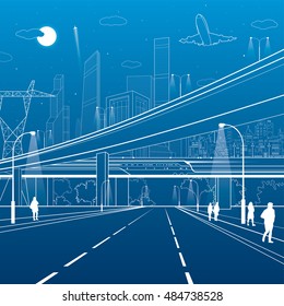 Car overpass, infrastructure, urban plot, people walking, airplane takes off, train move ob the bridge, modern city, white lines on blue background, vector design art