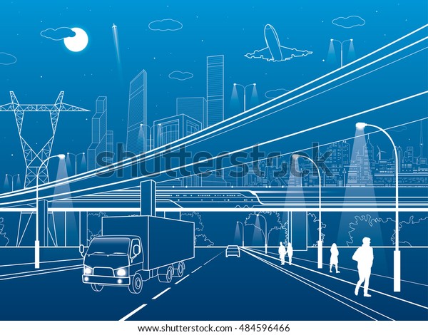 Car overpass, infrastructure, urban plot, people\
walking, airplane takes off, train move ob the bridge, neon city on\
background, truck on highway, white lines illustration, vector\
design art