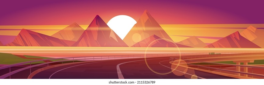 Car overpass road on lake shore with mountains and sun on horizon at sunset. Vector cartoon illustration of summer landscape with highway bridge, river and rocks at evening