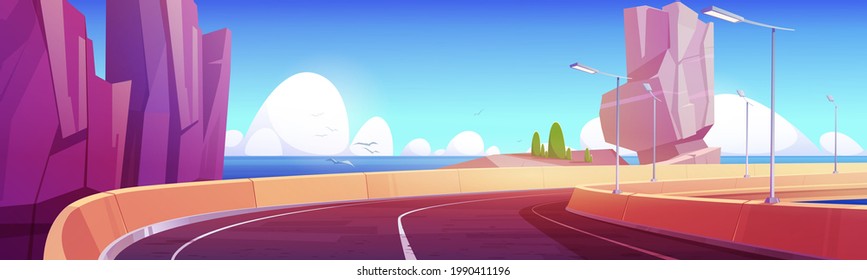 Car overpass road on sea shore with mountains and green bushes. Vector cartoon landscape of ocean shore, rocks and highway bridge with metal crash barrier. Summer seascape with road on coast