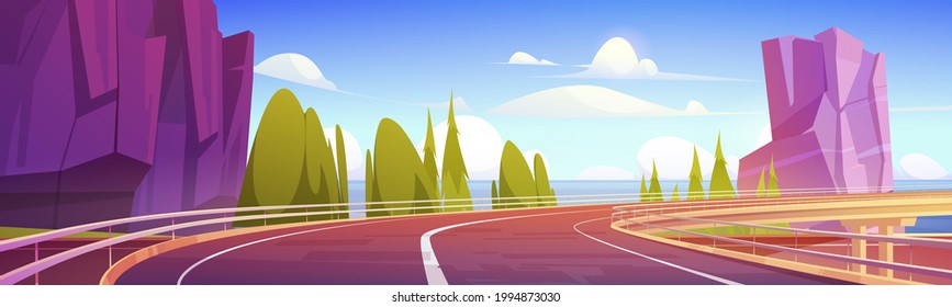 Car overpass road on sea shore with mountains and green trees. Vector cartoon landscape of ocean shore, rocks and highway bridge with metal crash barrier. Summer seascape with road on coast