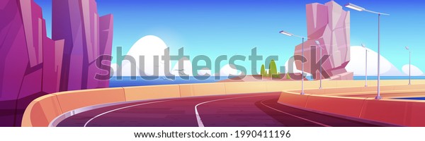 Car overpass road on sea shore with mountains and\
green bushes. Vector cartoon landscape of ocean shore, rocks and\
highway bridge with metal crash barrier. Summer seascape with road\
on coast