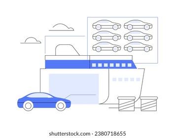 Car overseas shipping abstract concept vector illustration. International delivery of cars using vessels, RoRo, Roll-on Roll-off, automotive industry, vehicle shipping abstract metaphor.