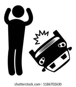 Car overturned on a road and a driver is upset 