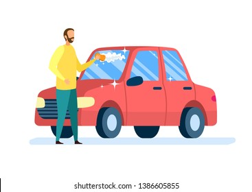 Car Owner Cleaning Auto Flat Vector Illustration. Young Man in Casual Clothes Cartoon Character. Self Service Automobile Wash, Vehicle Care Station. Faceless Guy Scrubbing Transport with Sponge