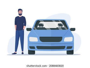 Car owner concept. A man is standing next to his car. Colored flat vector illustration. Isolated on white background.