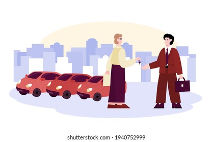 El propietario del automóvil entrega las llaves al cliente, ilustración de vector de dibujos animados aislada.