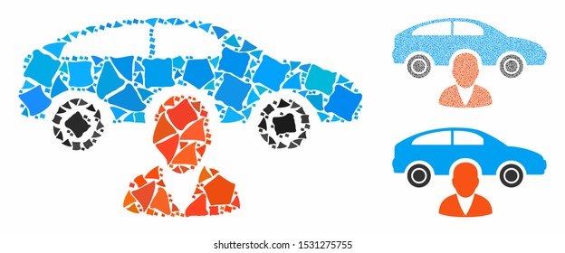 Car owner mosaic of humpy elements in variable sizes and color tints, based on car owner icon. Vector tremulant pieces are combined into collage. Car owner icons collage with dotted pattern.