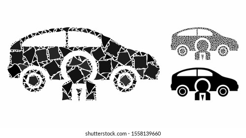 Car owner mosaic of unequal pieces in different sizes and color tinges, based on car owner icon. Vector tremulant elements are composed into collage. Car owner icons collage with dotted pattern.