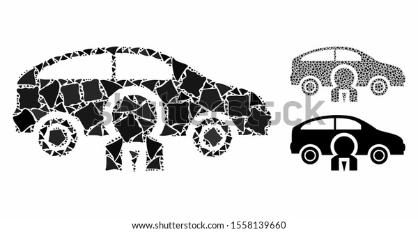 Car owner mosaic of unequal pieces in different\
sizes and color tinges, based on car owner icon. Vector tremulant\
elements are composed into collage. Car owner icons collage with\
dotted pattern.
