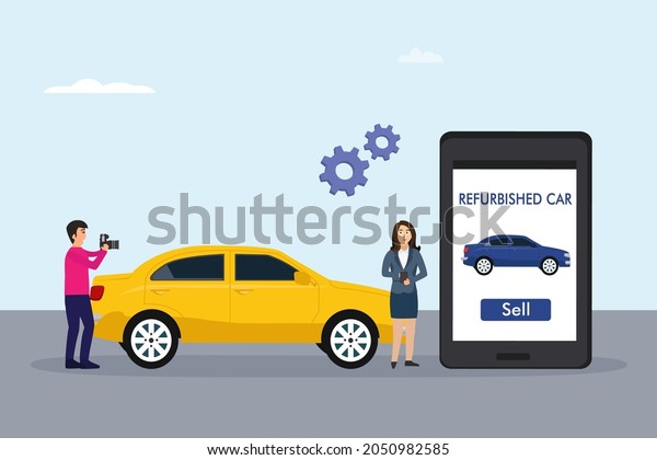 Car owner\
selling online a refurbished car on mobile phone application while\
taking photo and video on the car\
side