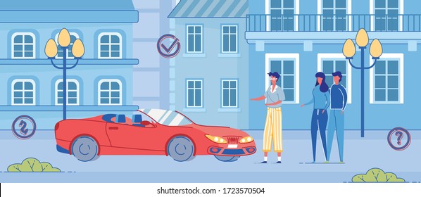 Car Owner Show Modern Automobile to Man and Woman. Happy Couple Buy Used Secondhand Car. Seller Customer Agreement. Salesman Client Contract. Transport Purchase Vector Illustration.