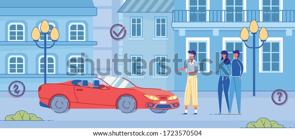 Car\
Owner Show Modern Automobile to Man and Woman. Happy Couple Buy\
Used Secondhand Car. Seller Customer Agreement. Salesman Client\
Contract. Transport Purchase Vector\
Illustration.
