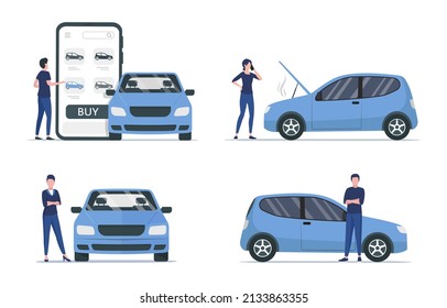 Propietarios de coches. Ilustración vectorial plana de color. Aislado sobre fondo blanco.